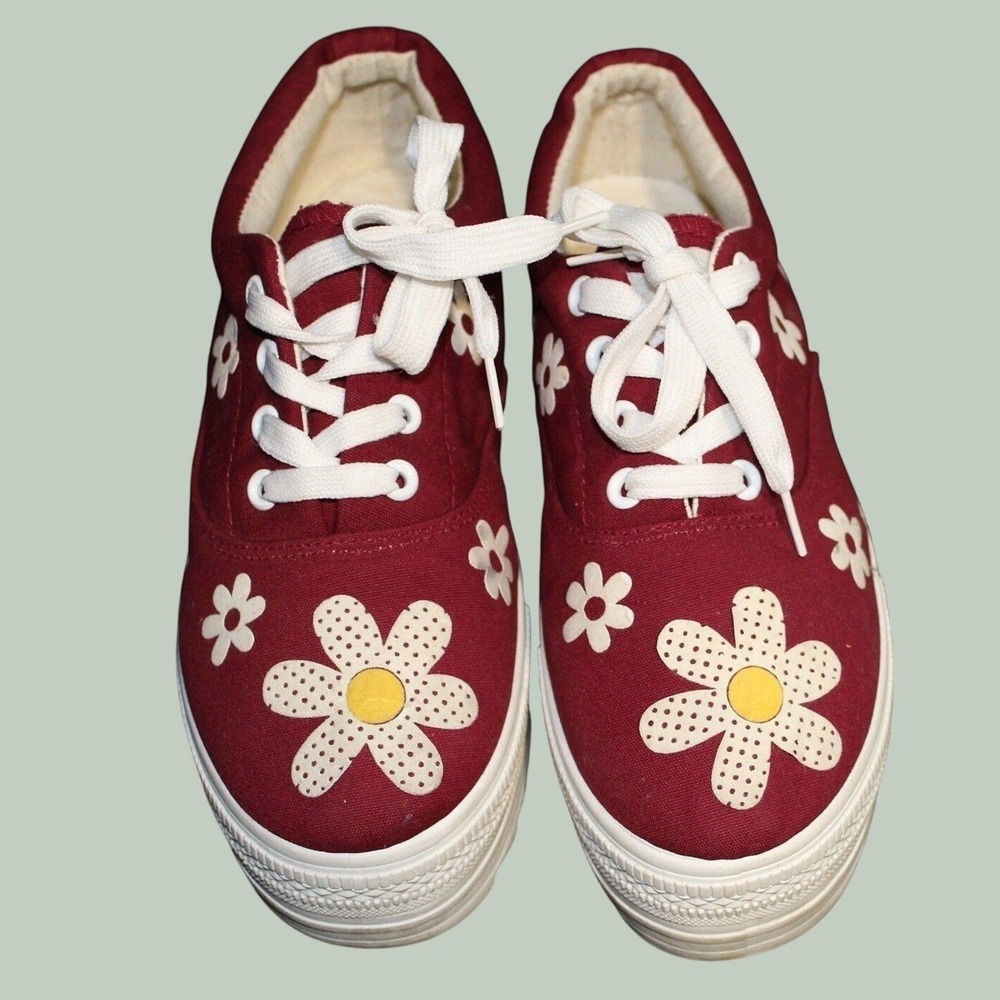 Ventani Burgundy Canvas Daisy Floral Platform Women Sneakers Low Top size 7.5